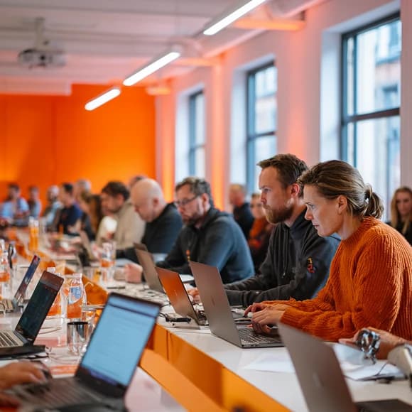 Účastníci konference AIWAY 2026 pracují na laptopech